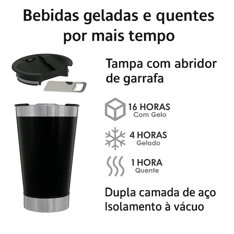 Copo Térmico de 473 ml — Para Bebidas Quentes ou Geladas, com Tampa e Abridor.