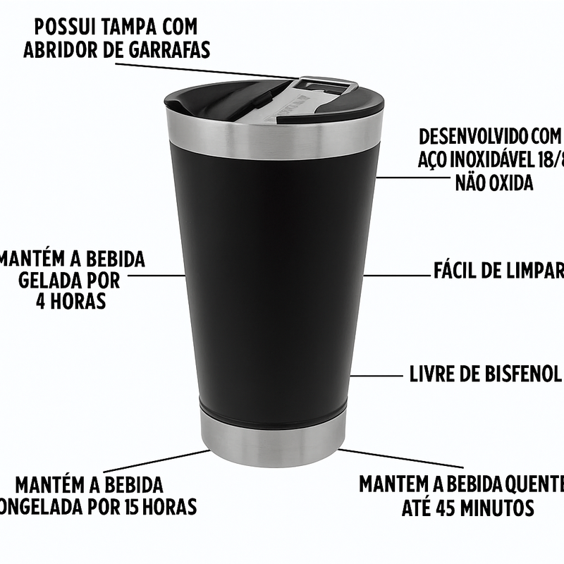 Copo Térmico de 473 ml — Para Bebidas Quentes ou Geladas, com Tampa e Abridor.