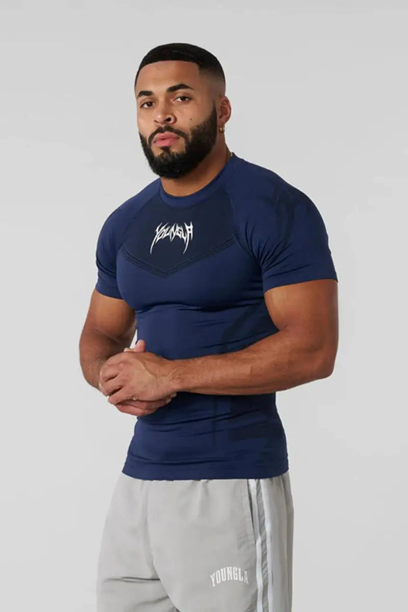 Camiseta masculina de manga curta – modelo 2025 para primavera e outono, estilo fitness, de secagem rápida, respirável, elástica e com ajuste justo ao corpo.