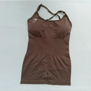 Body feminino Shark sem costura para yoga – modelo sexy com controle de abdômen, costas em tela sem fechamento, tiras finas, ideal para pilates, dança e exercícios.