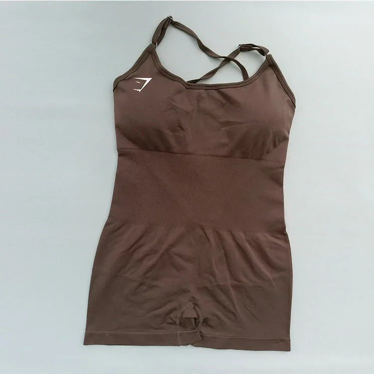 Body feminino Shark sem costura para yoga – modelo sexy com controle de abdômen, costas em tela sem fechamento, tiras finas, ideal para pilates, dança e exercícios.