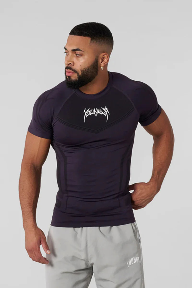 Camiseta masculina de manga curta – modelo 2025 para primavera e outono, estilo fitness, de secagem rápida, respirável, elástica e com ajuste justo ao corpo.