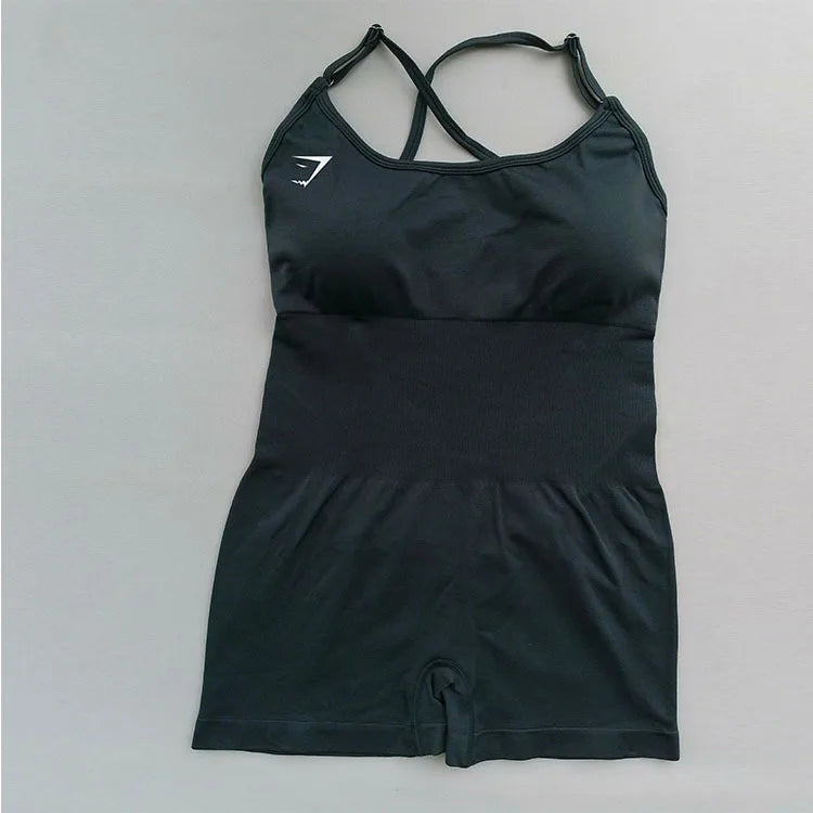 Body feminino Shark sem costura para yoga – modelo sexy com controle de abdômen, costas em tela sem fechamento, tiras finas, ideal para pilates, dança e exercícios.