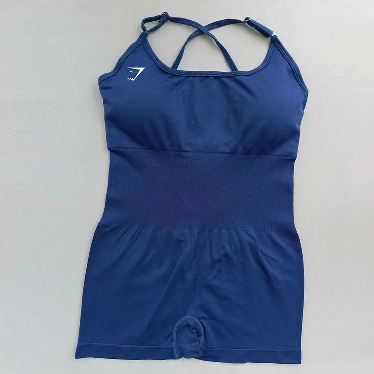 Body feminino Shark sem costura para yoga – modelo sexy com controle de abdômen, costas em tela sem fechamento, tiras finas, ideal para pilates, dança e exercícios.