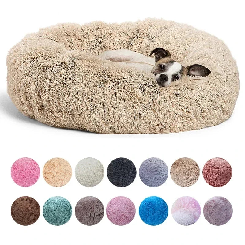 Cama Redonda para Pets (40–90 cm) Super macia, feita com pelúcia longa, ideal para cães e gatos de médio e grande porte. Perfeita para o inverno — proporciona conforto e sono aquecido.