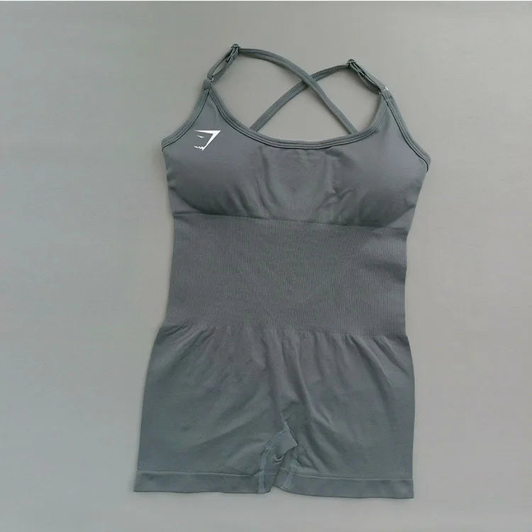 Body feminino Shark sem costura para yoga – modelo sexy com controle de abdômen, costas em tela sem fechamento, tiras finas, ideal para pilates, dança e exercícios.