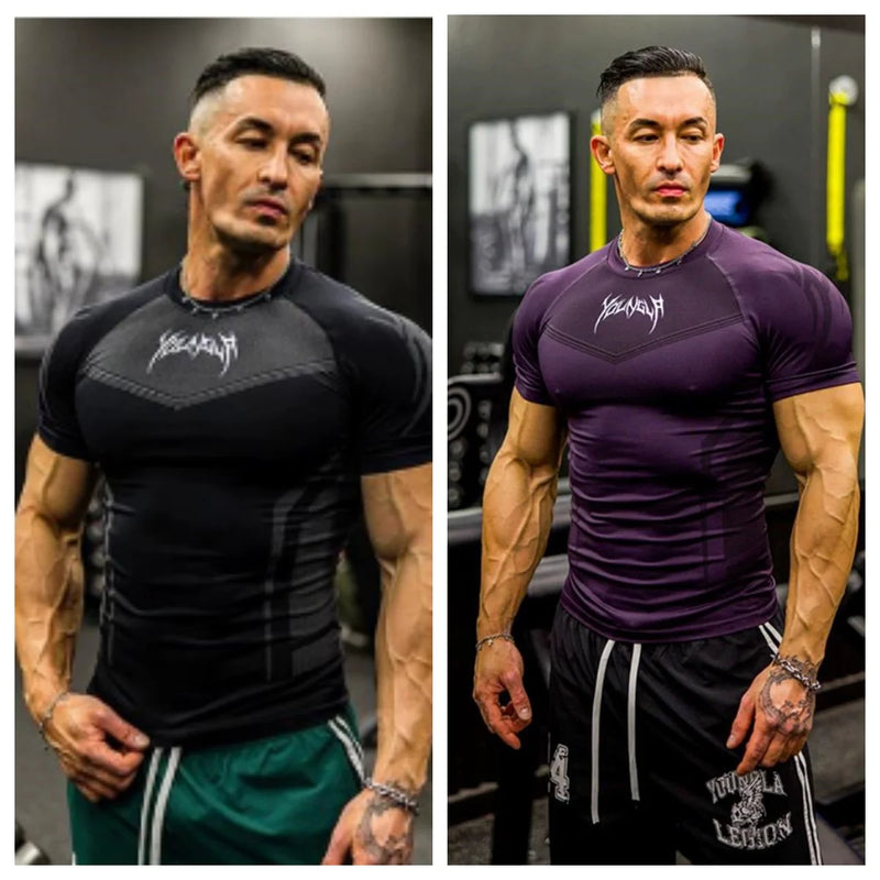 Camiseta masculina de manga curta – modelo 2025 para primavera e outono, estilo fitness, de secagem rápida, respirável, elástica e com ajuste justo ao corpo.