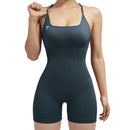 Body feminino Shark sem costura para yoga – modelo sexy com controle de abdômen, costas em tela sem fechamento, tiras finas, ideal para pilates, dança e exercícios.