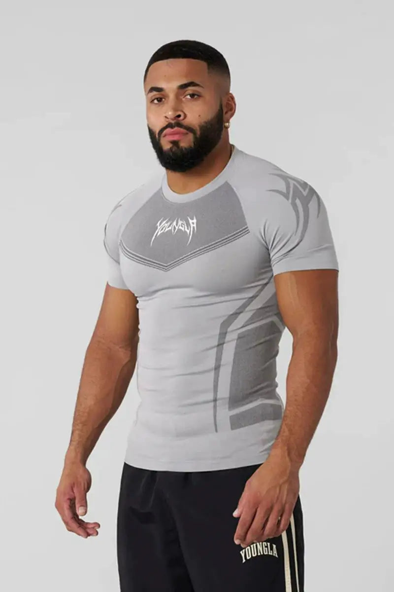 Camiseta masculina de manga curta – modelo 2025 para primavera e outono, estilo fitness, de secagem rápida, respirável, elástica e com ajuste justo ao corpo.