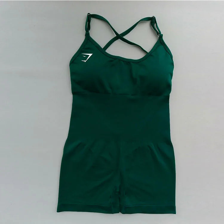 Body feminino Shark sem costura para yoga – modelo sexy com controle de abdômen, costas em tela sem fechamento, tiras finas, ideal para pilates, dança e exercícios.