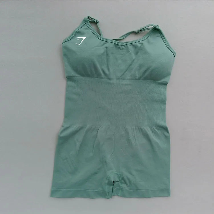 Body feminino Shark sem costura para yoga – modelo sexy com controle de abdômen, costas em tela sem fechamento, tiras finas, ideal para pilates, dança e exercícios.