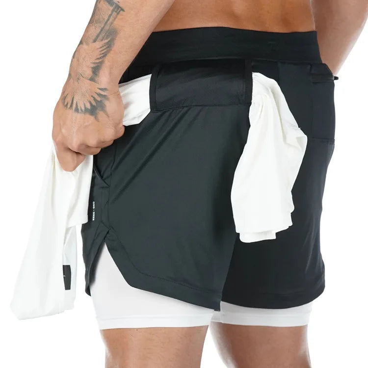 Shorts camuflados masculinos para corrida – modelo 2 em 1, de secagem rápida, ideal para treino, academia, fitness e corrida, perfeitos para o verão.