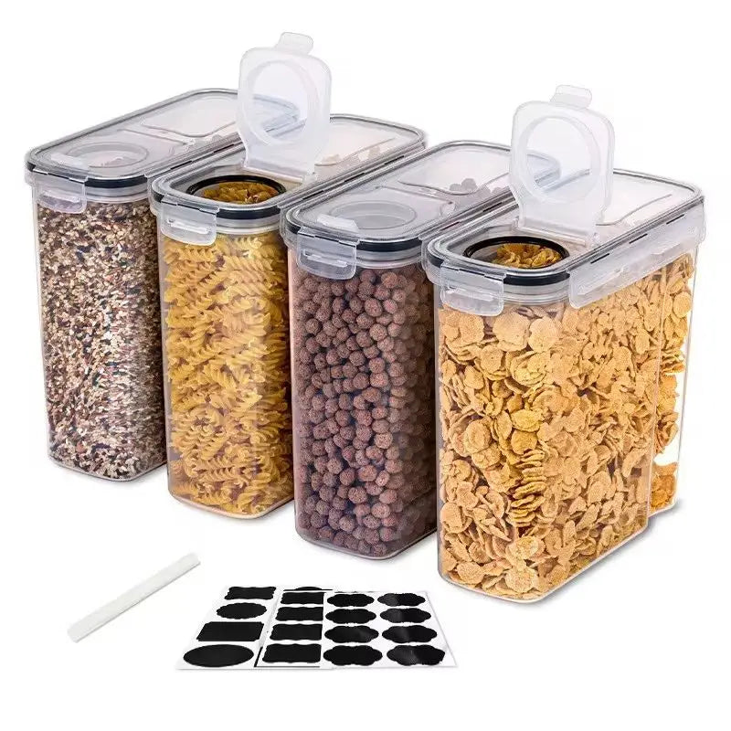 Conjunto de 4 Potes para Armazenamento de Alimentos — Caixa Transparente de PP Selada e à Prova d’Água para Grãos e Mantimentos (2,5 L / 4 L).