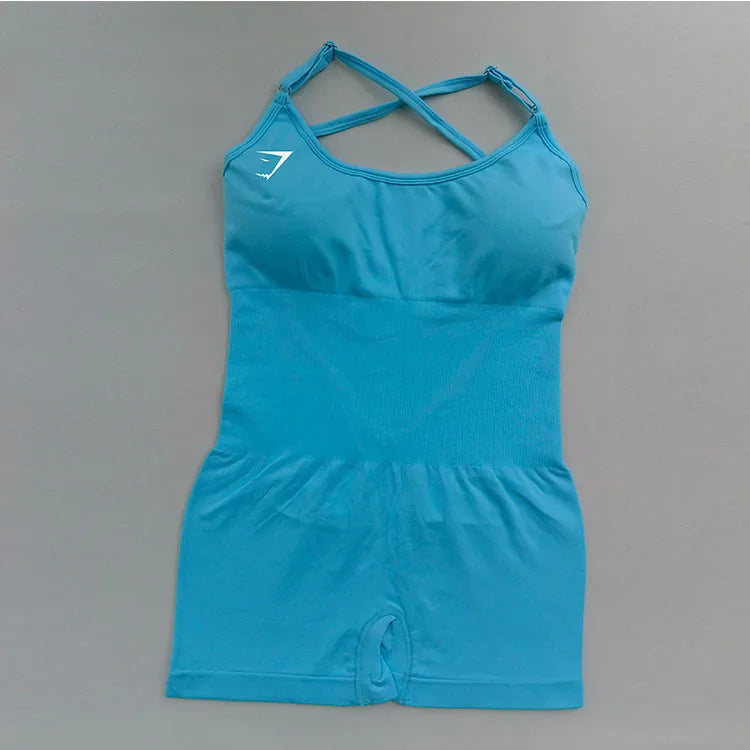 Body feminino Shark sem costura para yoga – modelo sexy com controle de abdômen, costas em tela sem fechamento, tiras finas, ideal para pilates, dança e exercícios.