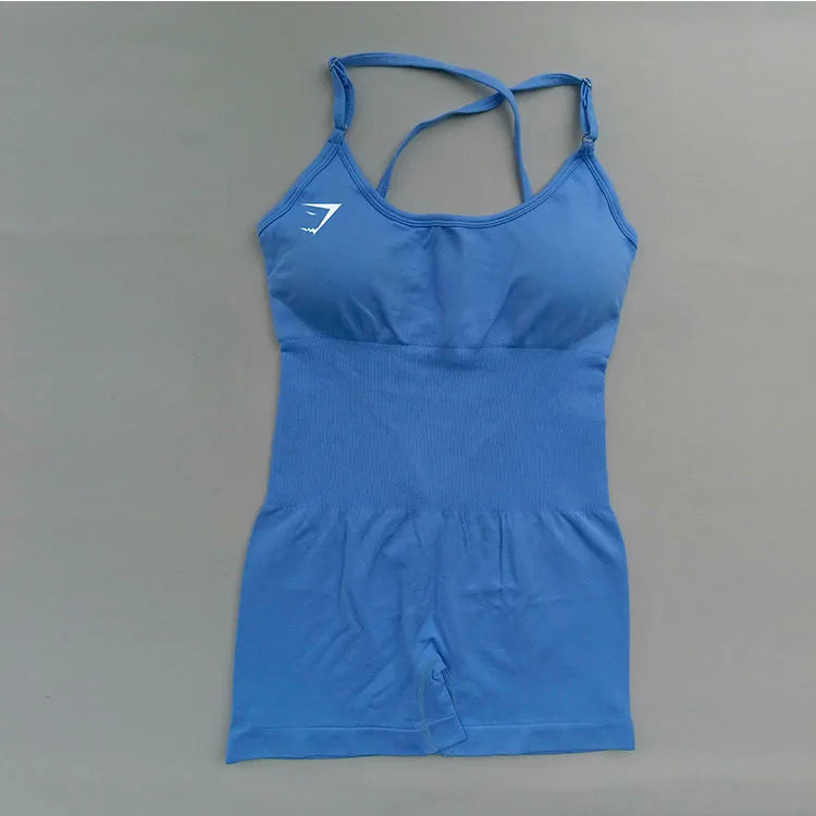 Body feminino Shark sem costura para yoga – modelo sexy com controle de abdômen, costas em tela sem fechamento, tiras finas, ideal para pilates, dança e exercícios.