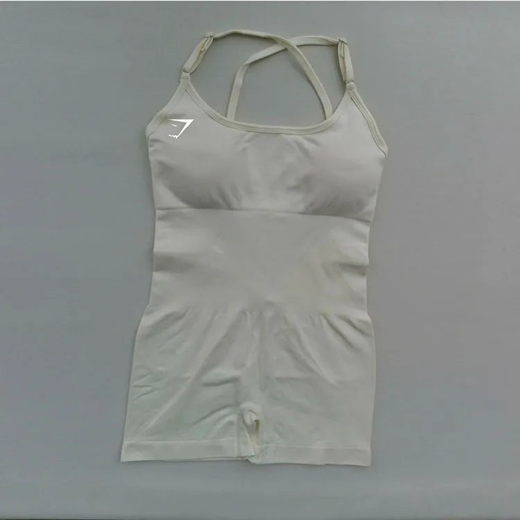 Body feminino Shark sem costura para yoga – modelo sexy com controle de abdômen, costas em tela sem fechamento, tiras finas, ideal para pilates, dança e exercícios.